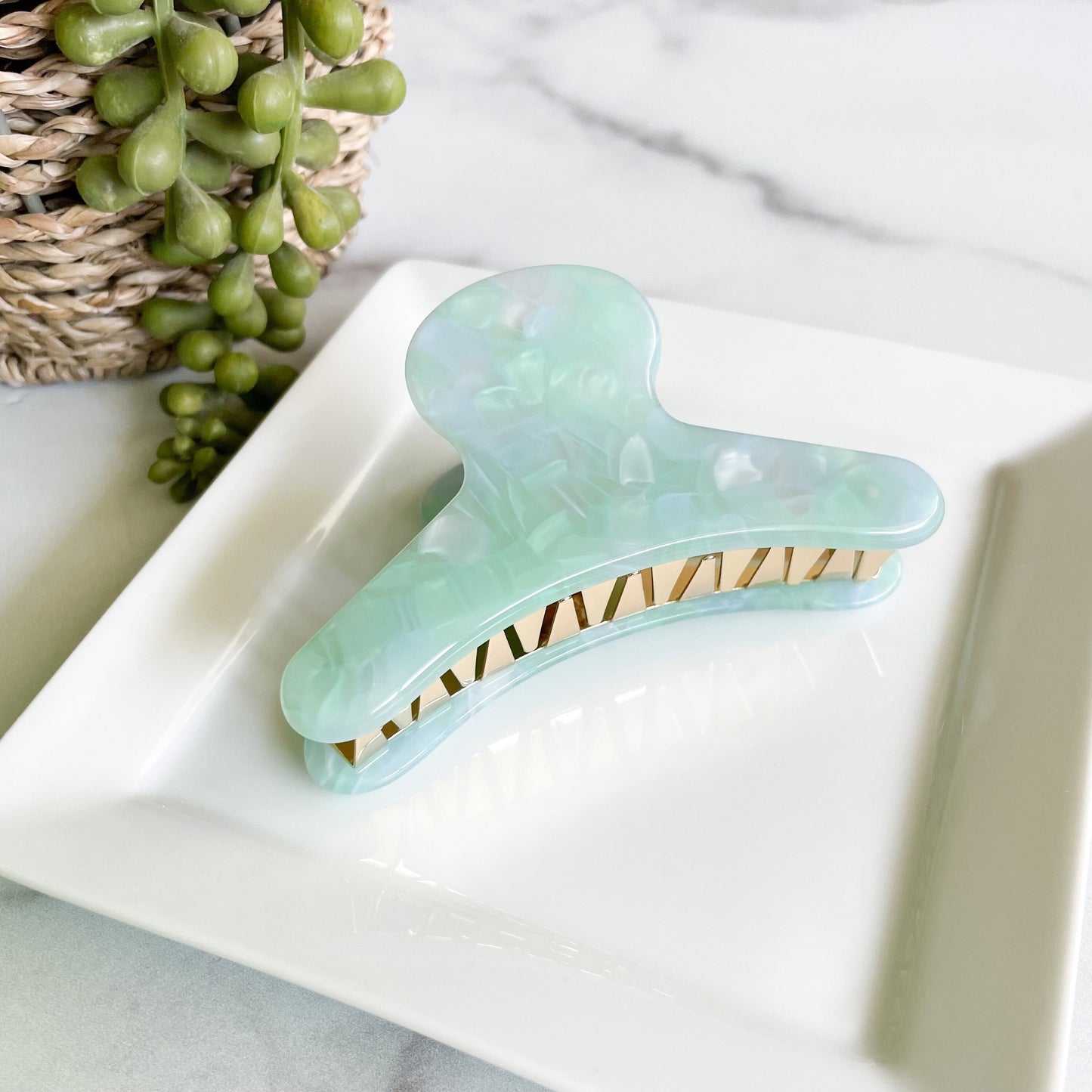French Hair Claw in Lily Pad | Teal Blue Green Pearl Hair Clips Acetate Stainless Steel