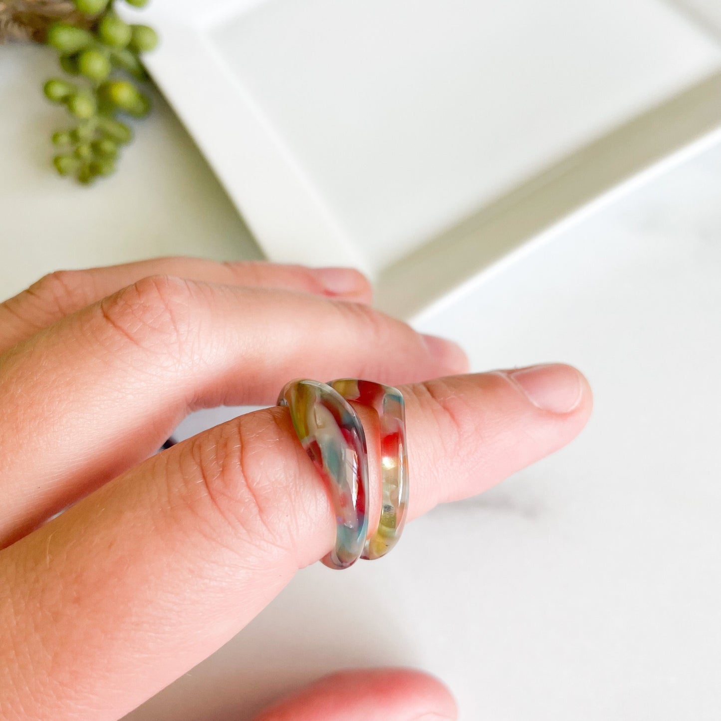 RuYi Dome Ring in Watercolor | Chunky Colorful Pastel Pearl Tortoise Shell Acetate Resin Stacking Rings Minimalist