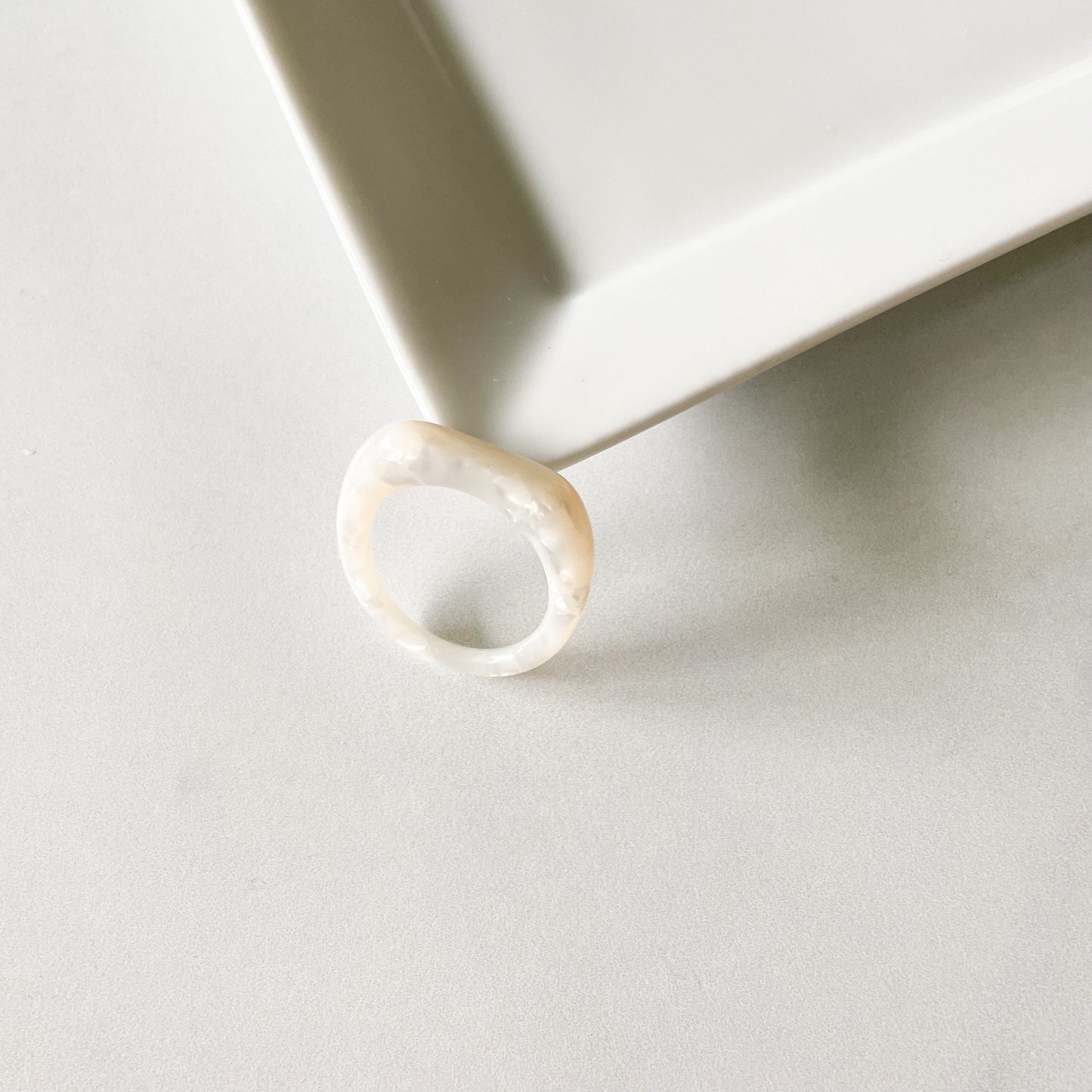 Square Dome Ring in White Pearl | Mother of Pearl Tortoise Shell Acetate Resin Stacking Statement Ring