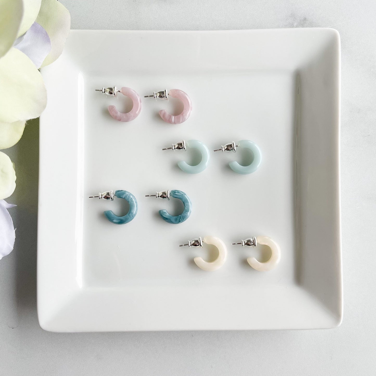 Huggie Hoops in The French Garden Collection | Cute Minimalist Light Blue Pink White Pearl Small Hoop Earrings 925 Sterling Silver Posts