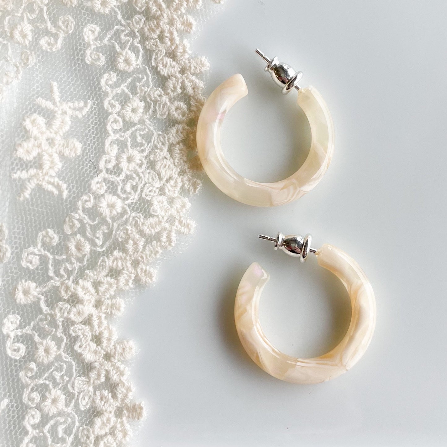 Ultra Mini Hoops in Angel Wing | White and Iridescent Swirl Hoop Earrings 925 Sterling Silver Posts