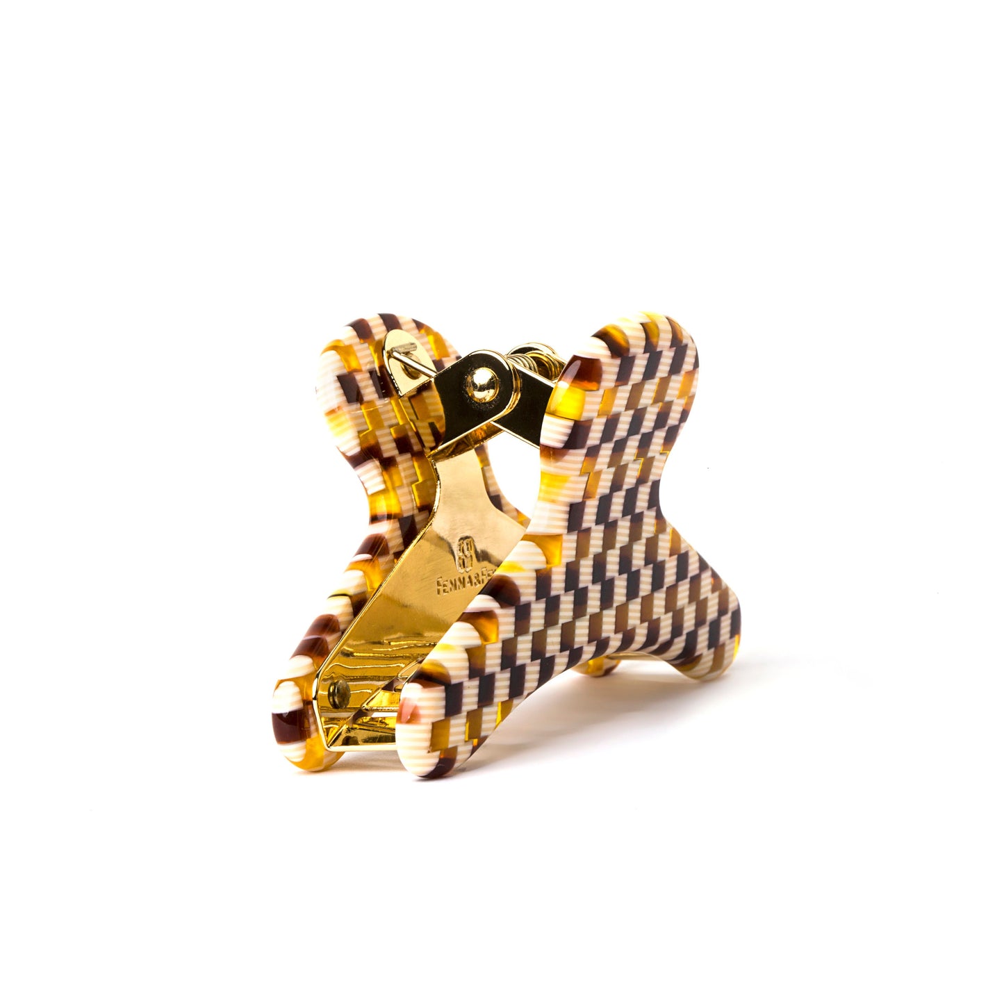 French Claw in Tetris | Orange Amber Tortoise Shell Checkered Boxed Acetate Hair Clip Stainless Steel