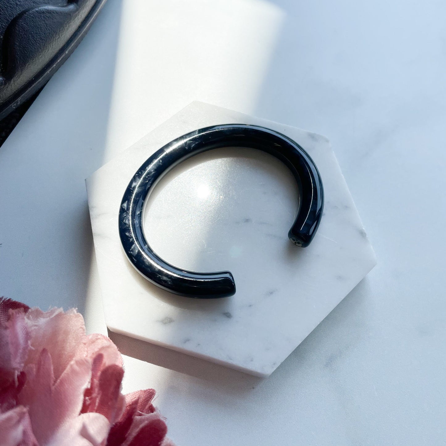 Lush Bangle Cuff in Black Pearl | Black Thick Pearl Opalescent Bracelet Italian Cellulose Acetate