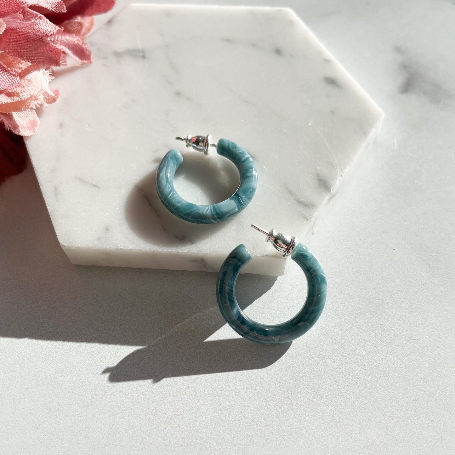 Ultra Mini Hoops in Aqua | Small Blue Swirl Acetate Hoop Earrings 925 Sterling Silver Posts Minimalist Jewelry Gift For Her