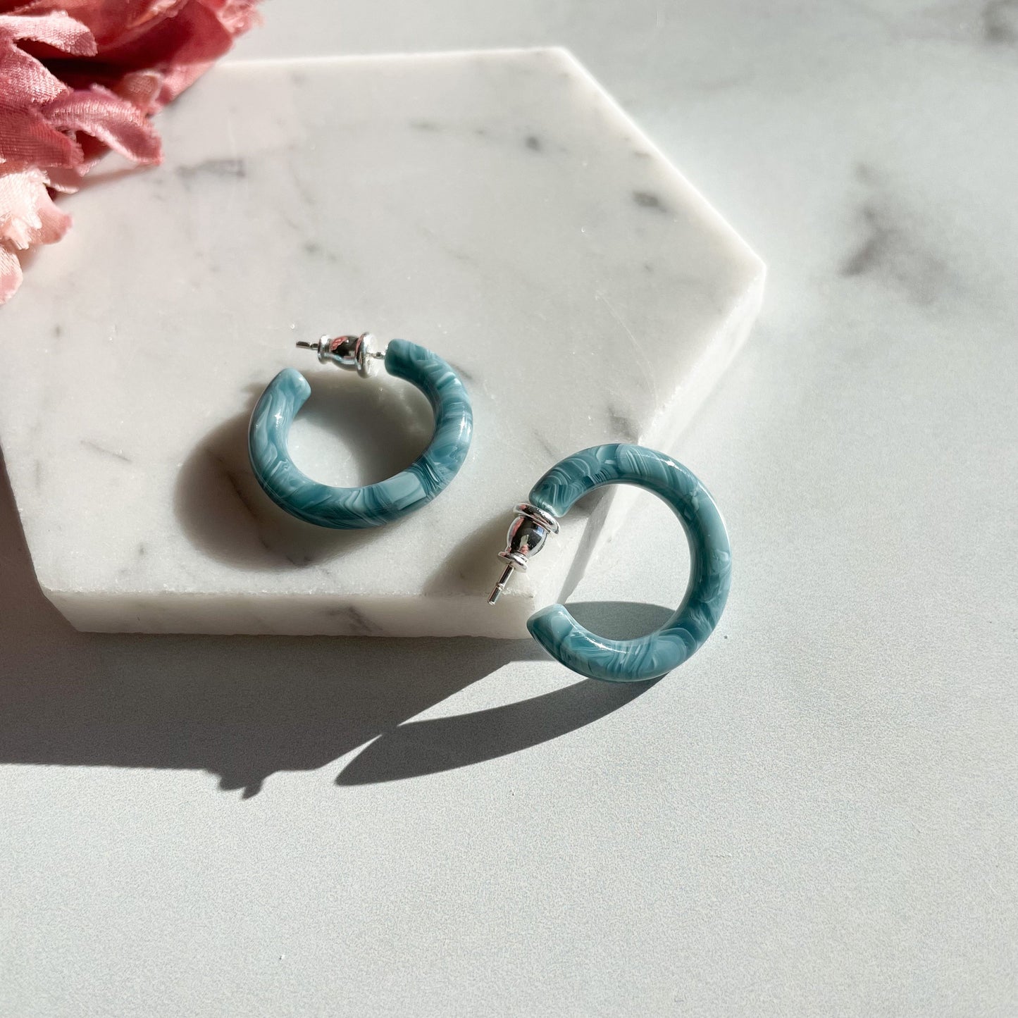 Ultra Mini Hoops in Aqua | Small Blue Swirl Acetate Hoop Earrings 925 Sterling Silver Posts Minimalist Jewelry Gift For Her