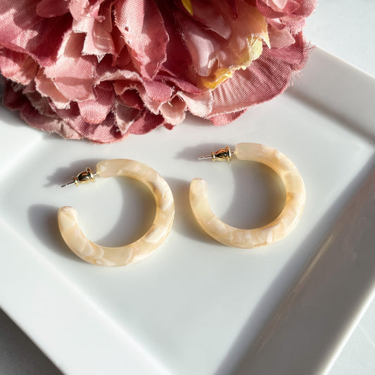 35mm Round Hoops in Angel Wing | Thick Chunky White Cream Hoop Earrings Cellulose Acetate Statement 925 Sterling Silver Posts