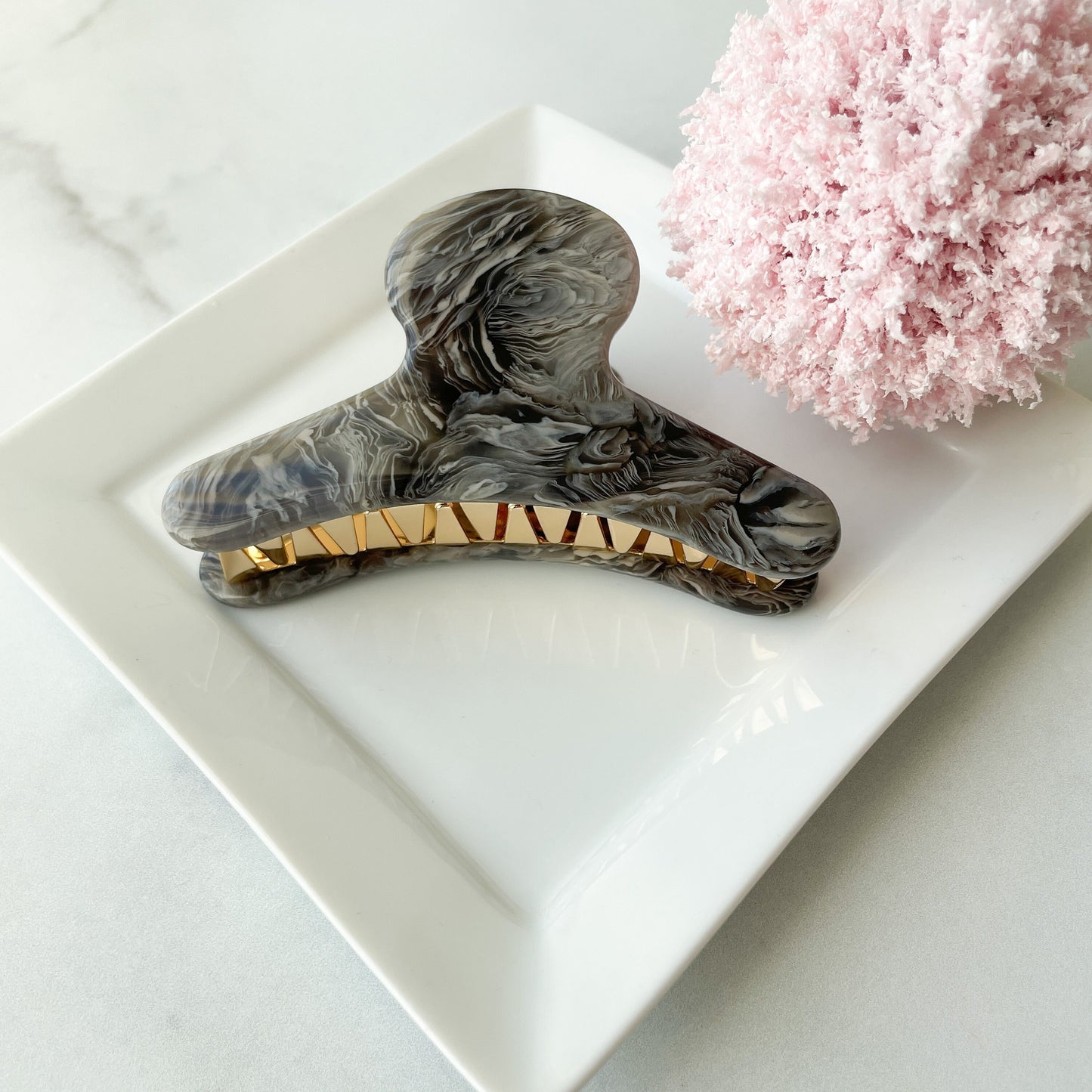 French Hair Claw in Granite | Dark Grey and Light Grey Swirled Marble Hair Clip Claw Cellulose Acetate Stainless Steel