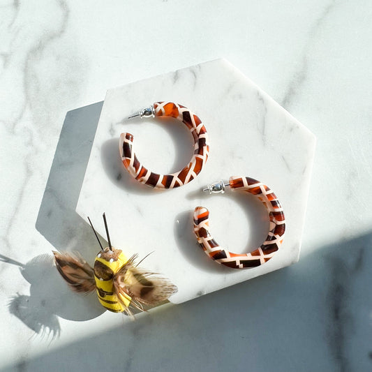 35mm Round Hoops in Honeycomb | Orange White Checkered Thick Hoop Earrings 925 Sterling Silver Posts