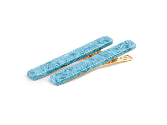 Long Rectangle Clips in Aqua | Blue Sectioning Hair Clips 2 Pack Cellulose Acetate and Stainless Steel