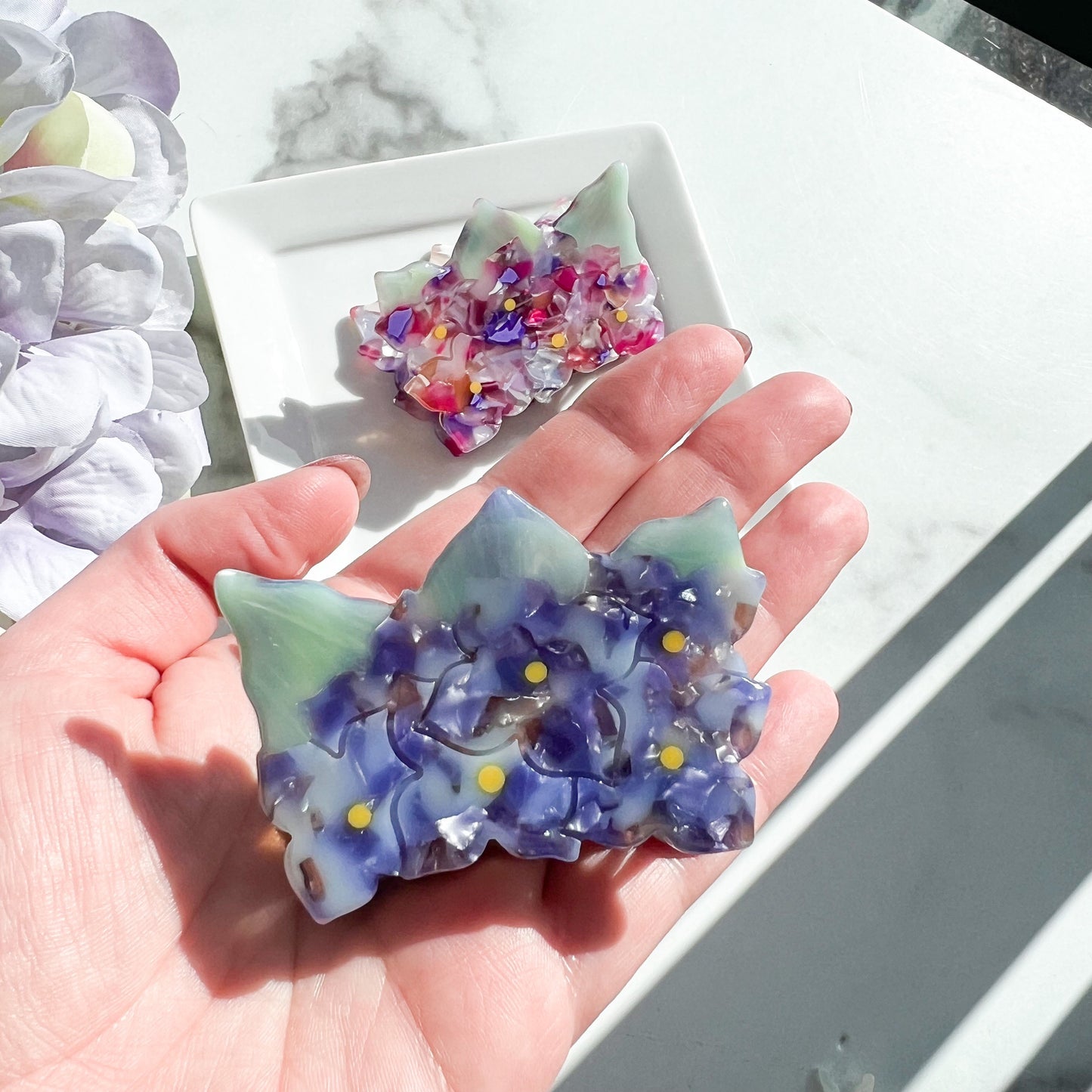 Mini Hydrangea Claw | Small Floral Hair Clip Claw Blue and Pink Flower Clip Fenna&Fei