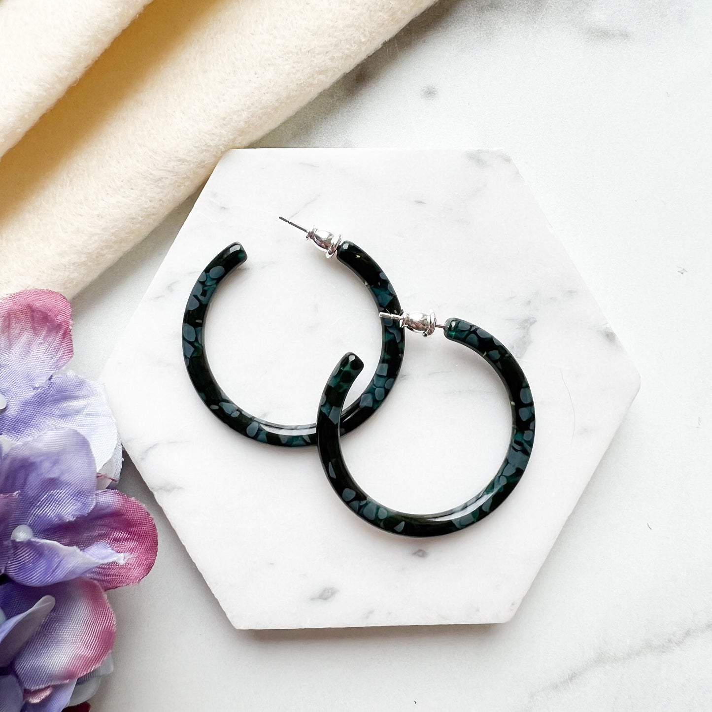 40mm Thin Round Hoops in the Hydrangea Collection| Large Hoop Earrings Flower Floral Hoops Cellulose Acetate 925 Sterling Silver Posts