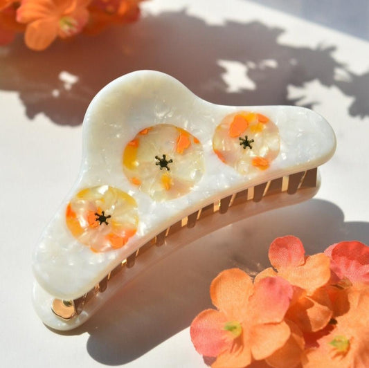 Three Poppy Claw | White Opal and Orange Poppy Hair Clip with Stainless Steel